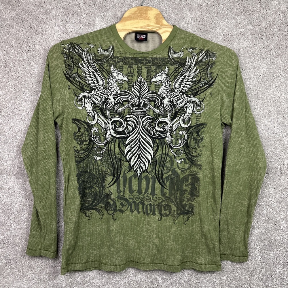 VTG Y2K MMA Elite Shirt Waffle Knit Thermal Fleur De Lis Mens LS Green XX-Large